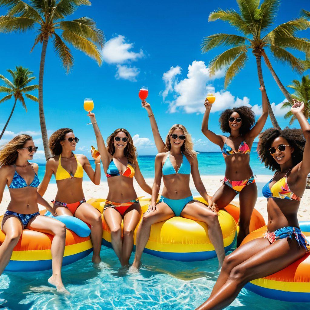 A vibrant beach scene showcasing a diverse group of friends enjoying a beach party and a poolside celebration. Highlight colorful swimwear styles, with some people dancing in the sand, others lounging on pool floats, and vivid tropical drinks in hand. Include a sunny sky, palm trees, and playful waves in the background to evoke a festive atmosphere. Bright, cheerful colors and dynamic poses to capture the essence of summer celebrations. super-realistic. vibrant colors. sunny background.